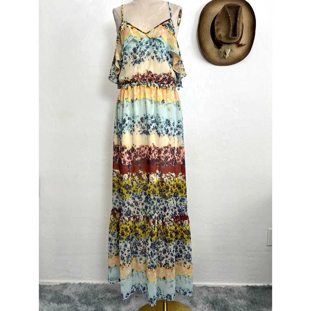 BEBE Boho Floral Chiffon Tiered Maxi Sun Dress Sz M Striped Multicolor Summer